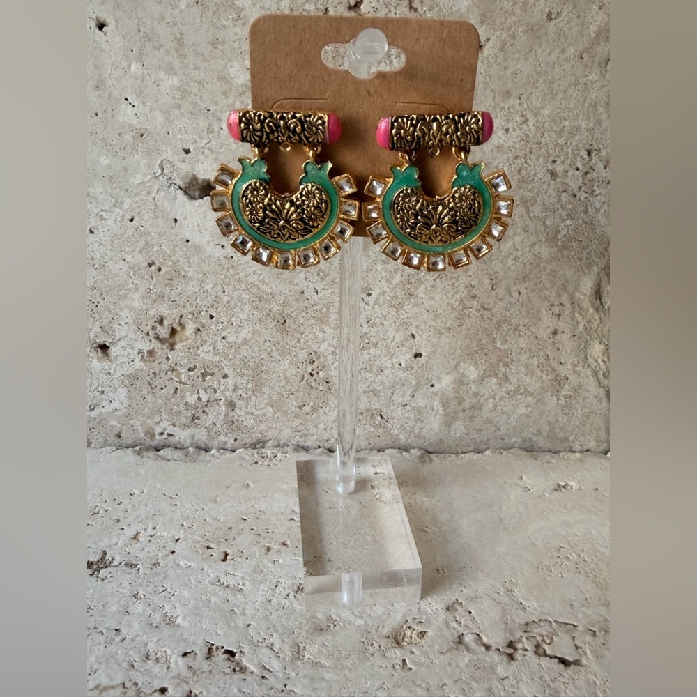 Emerald Green Kundan Chandbali Earrings | Gold Plated Pink Accent Statement